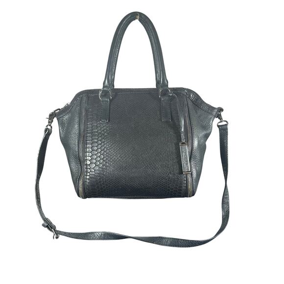 Linea Pelle Black Leather Handbag Tote Purse Croc Embossed Satchel crossbody - Picture 1 of 9